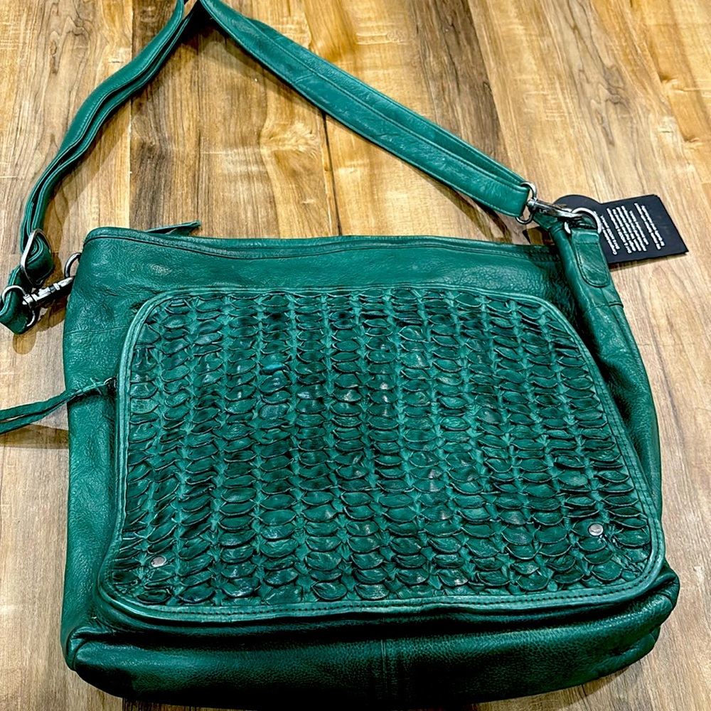 NWT green washed leather cross body
